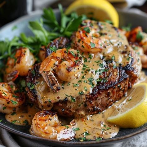 eady to impress your guests? This Steak in Creamy Cajun Shrimp Sauce is a showstopper! 🤩🍽️ Learn how to cook the perfect steak and create a rich, creamy Cajun shrimp sauce that brings it all together. Save this pin for your next dinner party or cozy night in! #SteakRecipe #CajunShrimpSauce #DinnerParty #FoodiesOfPinterest #CookingTips #RecipeShare #HomeChef #DeliciousDishes #GourmetCooking Seafood And Steak Dinner Ideas, Shrimp Topping For Steak, Creamy Cajun Shrimp Sauce, Cajun Shrimp Sauce, Shrimp Cream Sauce, Prawn Sauce, Creamy Cajun Shrimp, Cook The Perfect Steak, Shrimp Parmesan