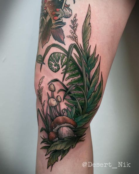 Neotraditional Nature Sleeve, Neotraditional Tattoo Nature, Neotrad Knee Tattoo, Witchy Forest Tattoo, Traditional Forest Tattoo, Mushroom Forest Tattoo, Forest Floor Tattoo, Forest Tattoo Sleeve, Tattoo Elements