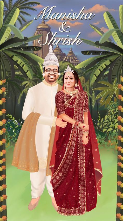 DM to get you custom invite now! Bengali Wedding Couple, Reception Illustration, Wedding Couple Illustration, Cartoon Character Clipart, Reception Couple, Couple Illustrations, Caricature Wedding Invitations, Couple Illustration Wedding, Bride And Groom Cartoon