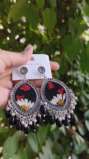 Black resin jhumka with preserved real flowers 🌼🌹 Resin Jhumka, Black Resin, Real Flowers, Flowers, Gifts, Quick Saves, Black