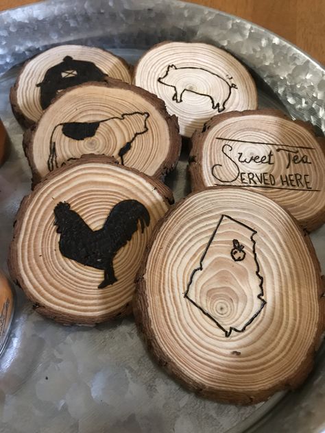 My homemade wood burned coasters, All they are missing is the cork and clear coat! Coasters With Pictures, Wood Burning Coasters, Diy Wood Coasters, Wood Burned Coasters, Wood Burning Tips, Strawberry Festival, Festival Ideas, Woodburning Projects, Wooden Coasters