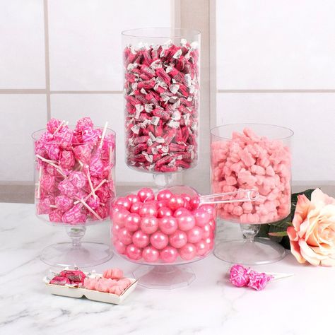 Our value sized candy buffet is the sweetest addition your celebration! These candies are a perfect addition to your Wedding, Bridal Shower, Baby Shower, Birthday, or Corporate trade show event. When you need a lot of pink candy all at once, we've got you covered! Candy orders ship with cool pack packaging as needed. Party Candy Table Ideas, Pink Snack Table, Pink Treat Table, Bridal Shower Candy Table, Pink Candy Table, Candy Orders, Candy Buffet Containers, Pink Candy Bar, Pink Party Foods