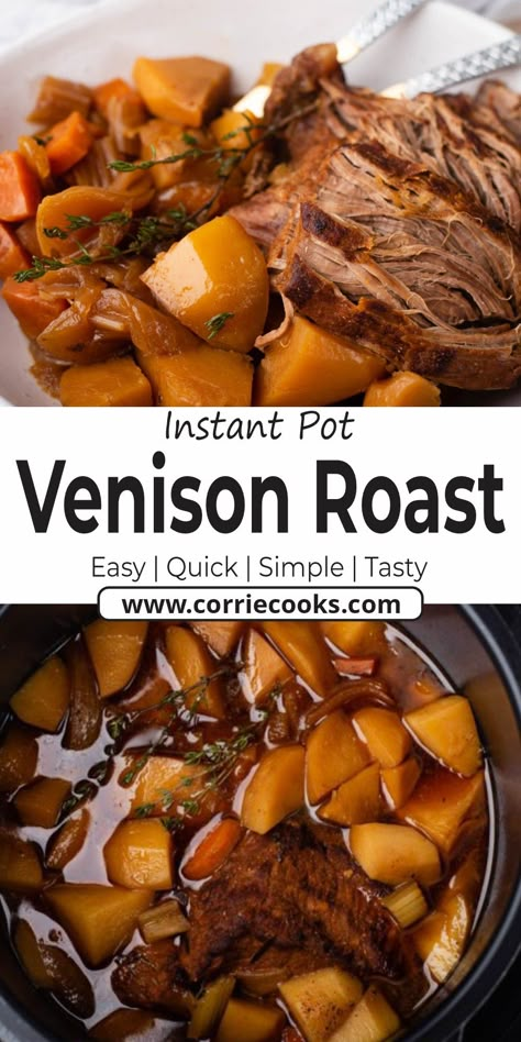 Instant Pot Venison Roast, Venison Roast Crockpot, Roast In The Instant Pot, Carrots Cooked, Garlic Broth, Venison Backstrap Recipes, Backstrap Recipes, Deer Steak, How To Cook Venison