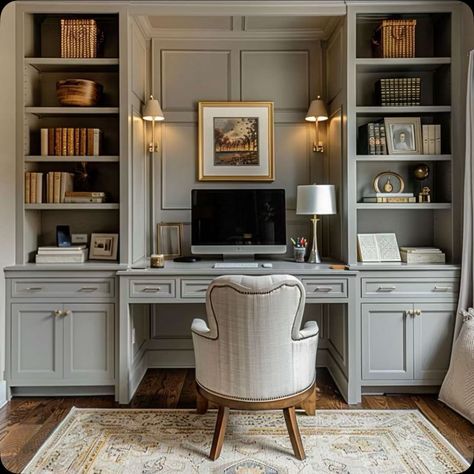 Office Ideas With Built In Shelves, Home Office With Two Bookcases, Classy Study Room, Built In Bookshelves Desk, Old Home Office, Husband And Wife Home Office, Study Built Ins With Desk, Built In Library Wall With Desk, Small Built In Office