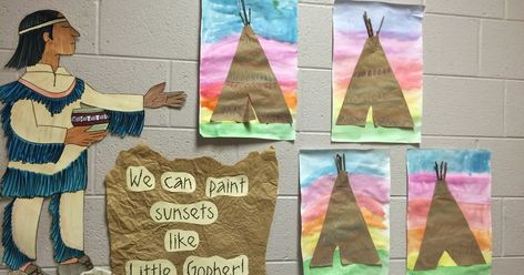 The students first made a watercolor background, then added pattern to a teepee, and finally added sticks and a flap for a door.  Fun l... Kindergarten Native American Crafts, Native Americans Kindergarten Activities, Native American Teepee Art, Native American Crafts For Kindergarten, Native American Week Preschool, Native American Teepee Craft, Native American Art For Kindergarten, Toddler Native American Crafts, Native American Heritage Month Art