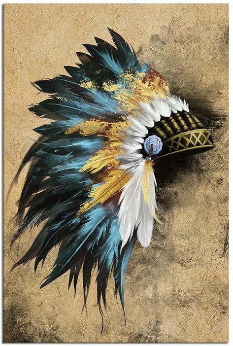 Vintage Home Living Room, Chiefs Headdress, Living Room Gold, Wall Decor Gallery, Art Native American, Blue Wall Decor, Gold And Blue, Painting Canvas, Vintage Home