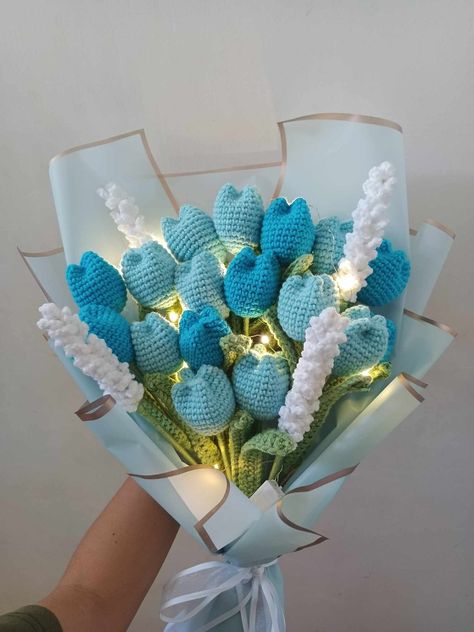 Crochet Bouquet of blue tulips Blue Tulips Crochet, Blue Crochet Bouquet, Tulips Crochet Bouquet, Tulip Crochet Bouquet, Crochet Tulip Bouquet, Bouquet Tulips, Crochet Bouquets, Bouquets Ideas, Blue Flowers Bouquet