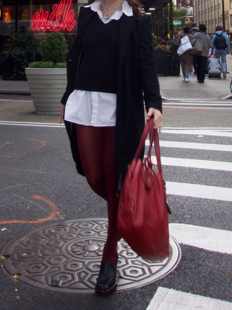 girl in red tights, black coat, red bag, fall outfit, preppy outfit Outfit With Red Tights, Red Tights Outfit 2023, Red Tights Outfit Aesthetic, Colored Stockings Outfit, Outfits With Red Tights, Maroon Tights Outfit, Red Tights Aesthetic, Coloured Tights Outfit, Outfits Red Hair