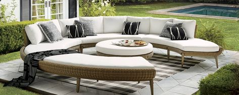 Curved Modular: The New Gathering Space - Home + Style Curved Garden Sofa, Curved Outdoor Sofa, Curved Outdoor Seating, Round Gazebo, Round Couch, Curved Couch, Wooden Couch, Curved Patio, Sunken Patio