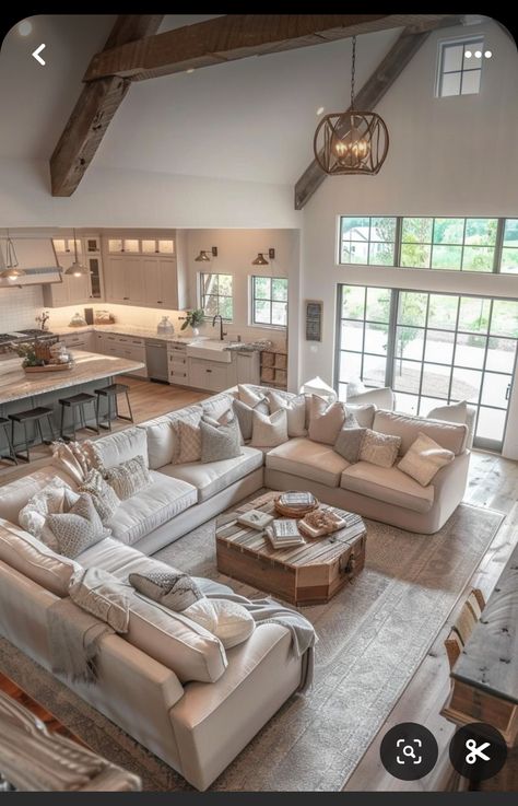 Family Room With Large Sectional, Kitchen Family Room Addition, Kitchen Into Great Room, Large Living Room Fireplace, Big Family Couch, Large Living Room Layout With Play Area, Open Floor Plan Couch Layout, Huge Open Kitchen And Living Room, Large Family Room Decorating Ideas