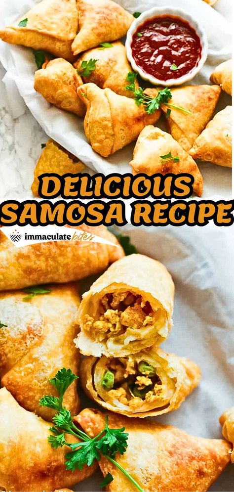 Easy Samosa Recipes that are perfect for any occasion! Whether baked or fried, these crispy delights filled with chicken or beef are an absolute treat. The savory filling combines tender chicken or beef with peas, sautéed in aromatic curry and cayenne spices, delivering an out-of-this-world flavor experience. Perfect as a snack or appetizer, these samosas will have everyone coming back for more! Enjoy the delightful crunch and rich taste of these beloved treats! Curry Samosa Recipe, Dip For Samosas, Chicken Samosa Filling Recipe, Samosa Recipe Indian, Samosa Filling Recipe, Chicken Samosas, Chicken Samosa Recipes, Samosas Recipe, Samosa Recipes