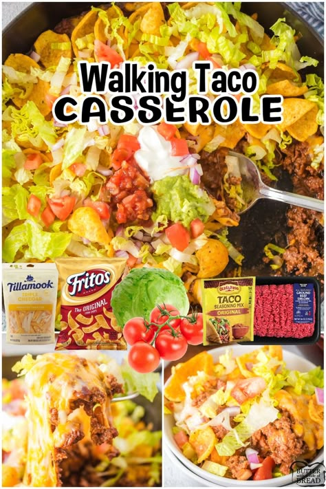 WALKING TACO CASSEROLE - Butter with a Side of Bread Walking Taco Casserole, Smoked Meatloaf Recipe, Baked Tacos Recipe, Supper Tonight, Walking Taco, Casserole Side Dishes, Walking Tacos, Taco Ingredients, Homemade Bread Recipes Easy