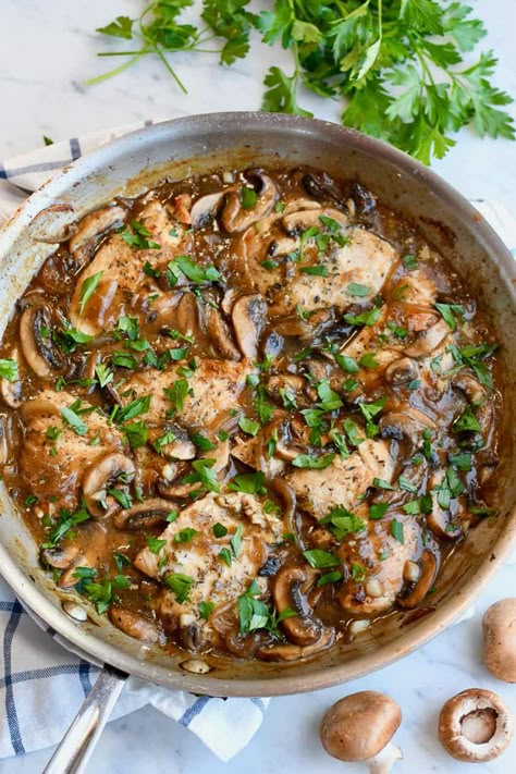 Juicy chicken is sautéed in one pan with tender mushrooms and a savory umami sauce. It's easy to make in under 30 minutes. AIP, gluten free, and low carb. Paleo One Pan Recipes, Dairy Free Sauces For Chicken, Easy Gluten Free Chicken Recipes, Whole 30 Chicken Breast Recipes, Aip Chicken Breast Recipes, Whole 30 Mushrooms, Spinach Mushroom Chicken Healthy, Whole 30 Chicken Mushroom Recipes, Dinner Recipes Dairy Free