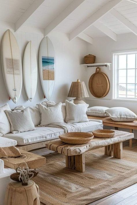 Surfer Living Room Ideas, Surf Decor Living Room, Surfer Living Room, Boho Beach House Surf Shack, Surf Living Room, Moody Beach House, Surfer Beach House, Surf Shack Interior, Surfer House