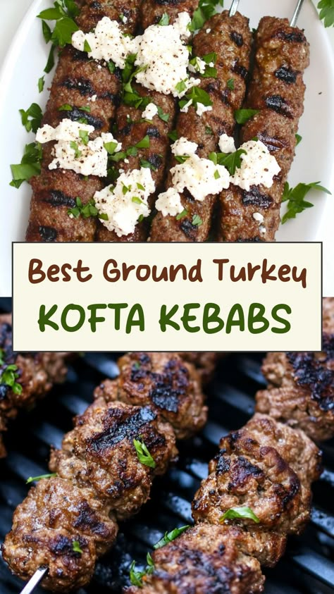 Delight your taste buds with these flavorful ground turkey kofta kebabs. A perfect blend of herbs and spices, these kebabs are a great addition to any summer BBQ or weeknight dinner. Enjoy them on their own or paired with a fresh salad and some warm pita bread. Elevate your grilling game with these juicy and aromatic kofta kebabs made from lean ground turkey. Ground Turkey Kabobs, Ground Turkey Kebab Recipes, Turkey Kofta Recipe, Ground Turkey Dip, Ground Chicken Kebab Recipe, Turkish Dinner Recipes, Turkey Kabobs, Turkey Kofta, Grilled Lamb Chop Recipes