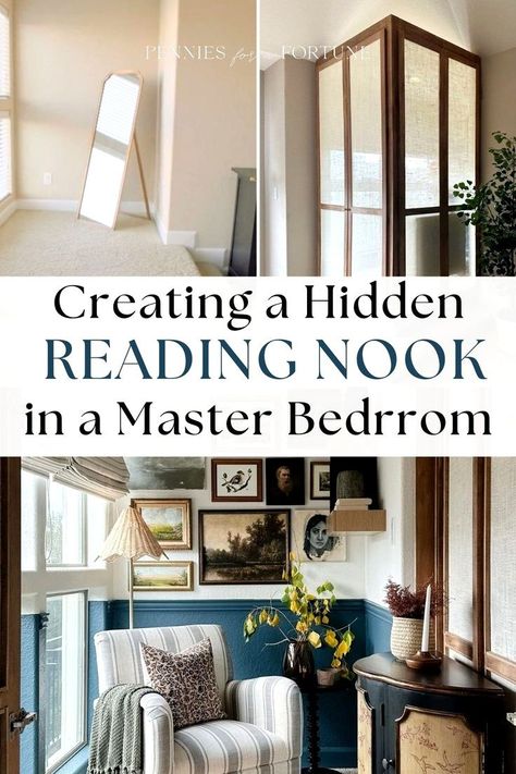 Whether it’s a bedroom nook, angled ceiling, or dysfunctional layout, using the right DIY tricks can turn problem spaces into complete showpieces. Nooks come in different shapes and sizes, and with some thought, creativity, and determination, you can transform these awkward spaces into picturesque areas in your home! Check out this home renovation project where I transformed an elevated platform in the master bedroom into an elegant reading space. Odd Nook Ideas, Bedroom Nook Ideas Master Window, Bedroom With Seating Area Master, Reading Nook In Master, Hidden Reading Nook, Bedroom Nook Ideas Master, Bedroom Alternative, Accent Wall Trends, Small Home Library Ideas