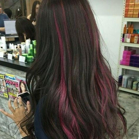 Red Hot Hair: Stunning Highlight Ideas Magenta Streaks In Black Hair, Red Purple Hair Highlights, Dark Pink Streaks In Brown Hair, Under Layer Highlights, Nezuko Hair Color, Strip Of Color In Hair, Red Under Brown Hair, Subtle Hair Dye Ideas, Streaks Hair Highlights