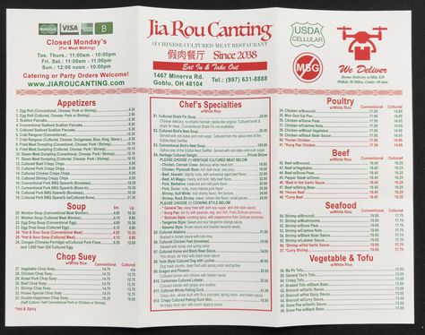 Here’s what a Chinese takeout menu would look like if the meat was grown in labs Chinese Menu Design, Resturant Menu, Chinese Food Menu, Drone Delivery, Chinese Menu, Diner Menu, Chinese Graphic, Meat Restaurant, Take Out Menu