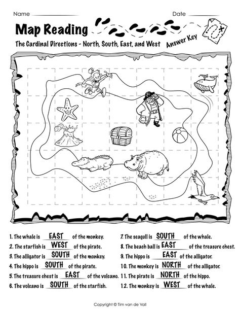 Free Printable Map Reading Worksheets - Tim's Printables Geography Homeschool, Reading Practice Worksheets, Teaching Maps, Map Skills Worksheets, Cardinal Directions, Job Skills, Map Worksheets, Map Reading, Map Activities