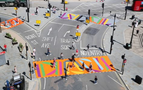 Artistic markings for road crossings - Piccadilly | Geveko Markings | ESI External Works Tourism Campaign, Road Graphic, London Tourism, Road Pavement, Pedestrian Crossing, Urban Design Graphics, Road Markings, Urban Design Architecture, Street Installation