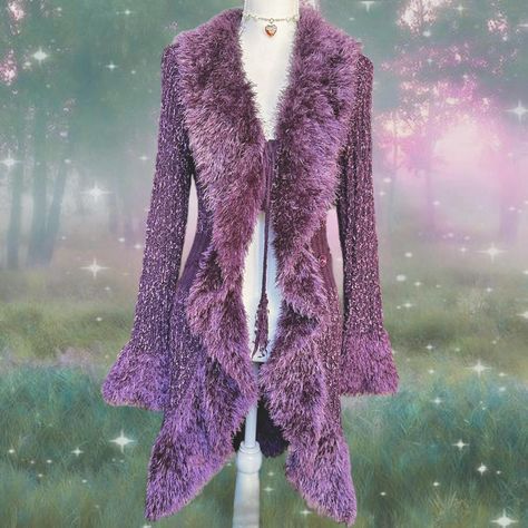 penny lane style cardigan ☽༓･*˚⁺‧͙ fringe trim, tie... - Depop Ruffle Cardigan Outfit, Crochet Penny Lane Coat, Whimsigoth Knitting, Silvermist Outfit, 90s Cardigan Outfit, Fuzzy Cardigan Outfit, Whimsigoth Cardigan, Thrifting Manifestation, Whimsical Clothes