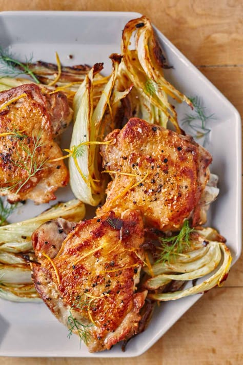 Recipe: Roasted Chicken Thighs with Fennel & Lemon | Kitchn Oven Roasted Chicken Thighs, Chicken Fennel, Meat Entrees, Fennel Recipes, Radish Recipes, Game Hen, Roasted Fennel, Pan Recipe, Roasted Chicken Thighs