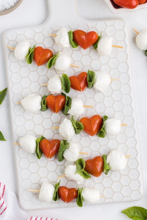 Snacks For Bridal Shower Simple, Engagement Appetizers, Caprese Pinwheels, Caprese Bites Appetizers, Heart Caprese, Ladybug Caprese, Engagement Dinner Party, Caprese Bites, Tomato Mozzarella Basil