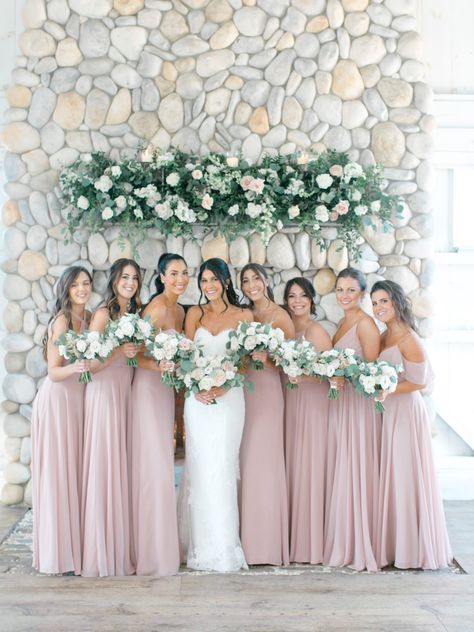 Summer Wedding Dresses 2022, Sage And Blush Wedding Bridesmaid Dresses, Wedding Colors In May, Mauve Summer Wedding, Wedding Party Looks, Classy Wedding Bridesmaid Dresses, Light Pink Wedding Party, May Bridesmaid Dresses, Pink Bridesmaid Dresses With Groomsmen