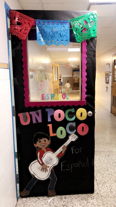 Disney Coco classroom door 💜🧡💀 Coco Theme Door Decoration, Coco Classroom Theme, Coco Door Decoration, Spanish Door Decorations Classroom, Coco Door Decorations Classroom, Hispanic Door Decorations Classroom, Coco Classroom Door, Classroom Door Disney, Coco Bulletin Board