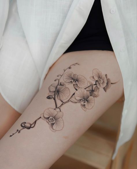 Orchid Geometric Tattoo, Orchid Branch Tattoo, Black And White Orchid Tattoo, Canna Lily Tattoo, Orchid Shoulder Tattoo, Fine Line Orchid Tattoo, Watercolor Orchid Tattoo, Tattoo Orchid, Orchids Tattoo