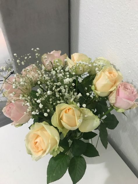 Yellow And Pink Flower Bouquet, Yellow Pink Bouquet, Light Pink Flower Bouquet Prom, Pink And Yellow Roses Bouquet, Pink Roses And Baby Breath Bouquet, Yellow Quince, Yellow And Pink Roses, Prom Flowers Bouquet, Prom Bouquet