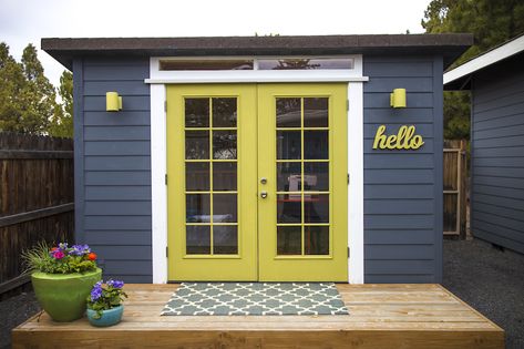 https://bendmagazine.com/she-shed-doesnt-sacrifice-space-style/ Cute Shed Colors, She Shed Colors Exterior, She Shed Exterior Paint Ideas, Cute Sheds Ideas Backyards, Cheap She Shed Ideas, Modern She Shed, Office Sheds Backyard, Cute Shed, She Shed Exterior