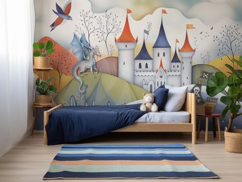 Enchanted Dragon Castle Wallpaper- Nursery Wallpaper | Children's Wall Art | Illustrated Mural sold by Kaela Saucepan | SKU 347994187 | 50% OFF Printerval Castle Theme Bedroom, Dragon Stone Castle, Boys Bedroom Decor Ideas, Dragon Wall Mural, Girls Bedroom Color Schemes, Just Wallpaper, Castle Mural, Knights And Dragons, Castle Wallpaper