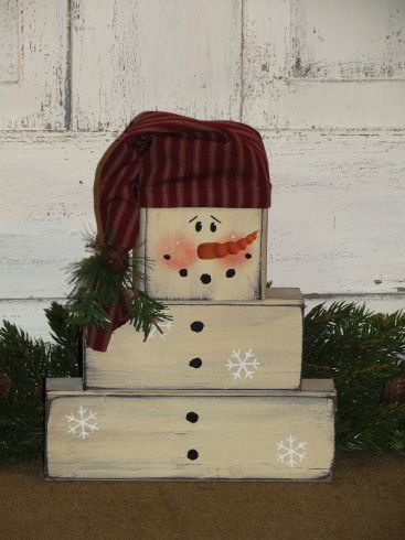 Primitive Snowman Wood Block Set with Homespun Hat Creative Snowman, Wood Snowman, Wood Block Crafts, Snowman Christmas Decorations, Christmas And Winter, Snowman Christmas Ornaments, Christmas Wood Crafts, Snowman Crafts, The Snowman