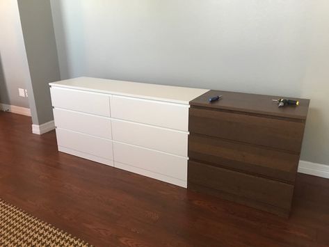 XL chest of drawers: One BIG MALM Dresser - IKEA Hackers Ikea Malm Drawers, Big Dresser, Dresser Ikea, Malm Chest Of Drawers, Folding Station, Malm Hack, Malm Drawers, Ikea Malm Dresser, Brown Dresser