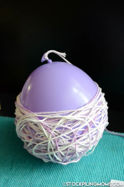 Sugar String Eggs and Baskets are the perfect Easter or Spring Decoration. So much fun to make! String Easter Eggs How To Make, Diy Rope Easter Basket, Yarn Easter Basket, String Easter Eggs, Easter Egg Yarn Balloon, String Easter Basket, Twine Wrapped Easter Eggs, Yarn Eggs With Glue, Crochet Egg Collecting Basket