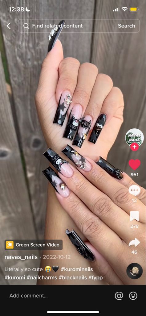 #frenchnails #blacknails #longnails #mediumnails #sanrionails #hellokittynails #kurominails Kuromi Nails Acrylic, Kuromi Nails, Nails Acrylic Long, Sanrio Nails, Long Acrylic, Nails Black, Kawaii Nails, Nail Charms, Long Acrylic Nails