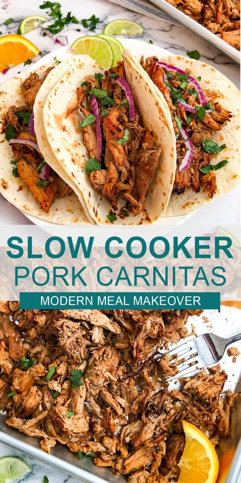 Our Crockpot Pork Carnitas recipe is flavored with Mexican spices and can be served in tacos, enchiladas, burritos, and nachos. This delicious shredded pork is so tender and juicy on the inside, while crispy and golden on the edges. This will become one of your favorite slow cooker recipes. #PorkCarnitas #SlowCookerRecipes Crockpot Pulled Pork Tacos, Healthy Pork Recipes Crockpot, Crockpot Pork Carnitas Slow Cooker, Crockpot Shredded Pork Loin, Pork Loin Crock Pot Carnitas, Pulled Pork Carnitas Crock Pot, Shredded Pork Chops Crockpot, Shredded Pork Roast Recipes, Pork Roast Crock Pot Recipes Slow Cooker Mexican