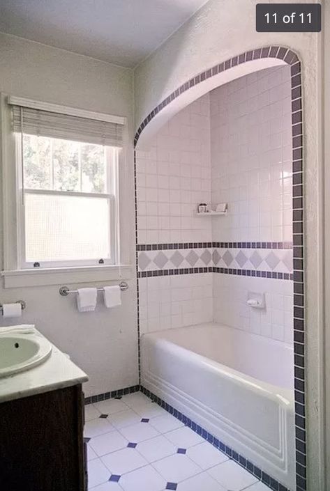 House on Bonnie Brae Bathtub Nook Alcove, Alcove Bathtub Shower Combo Tile, Alcove Bathtub With Shower Curtain, Arched Tub Alcove, Vintage Alcove Tub, Pedestal Sink Bathroom, Pedestal Sink, Kids Bath, Dream Spaces