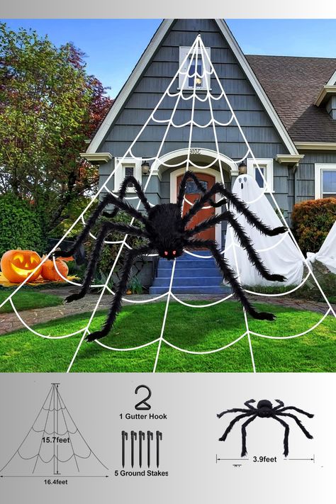 #halloweendecor #giantspider Outdoor Spider Web Halloween, Giant House Spider, Diy Halloween Spider Web, Spider Web Diy, Fake Spider, Spiderman Web, Spider Web Decoration, Giant Spider, Orchid Show