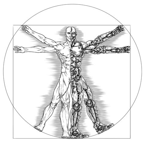 "Cybernetic Harmony: The Vitruvian Cyborg" is a futuristic design that celebrates the harmonious fusion of man and machine. Inspired by Leonardo da Vinci's iconic Vitruvian Man, this design takes the concept to a new level by incorporating cybernetic elements into the human form. Vitruvian Man Art, Vitruvian Man Tattoo, Da Vinci Vitruvian Man, Man And Machine, Surreal Collage Art, Tissue Engineering, High Tech Design, Body Mechanics, Vitruvian Man