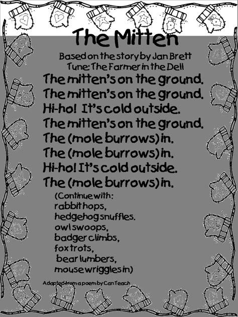 So to accompany the book: The Mitten ~ sung to the tune of "The Farmer in the Dell" January Preschool, Clothing Study, Winter Theme Preschool, Winter Unit, Jan Brett, Craft Preschool, Winter Songs, Author Study, Preschool Winter