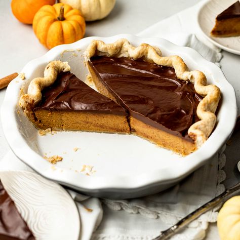 Check out Dark Chocolate Pumpkin Pie recipe and more from Sur La Table! Harvest Cake Recipe, Pumpkin Foods, Chocolate Pumpkin Pie, Baking Pumpkin, Pumpkin Chili Recipe, Sweet Potato Pecan, Pumpkin Ravioli, Crumble Tart, Pumpkin Eater