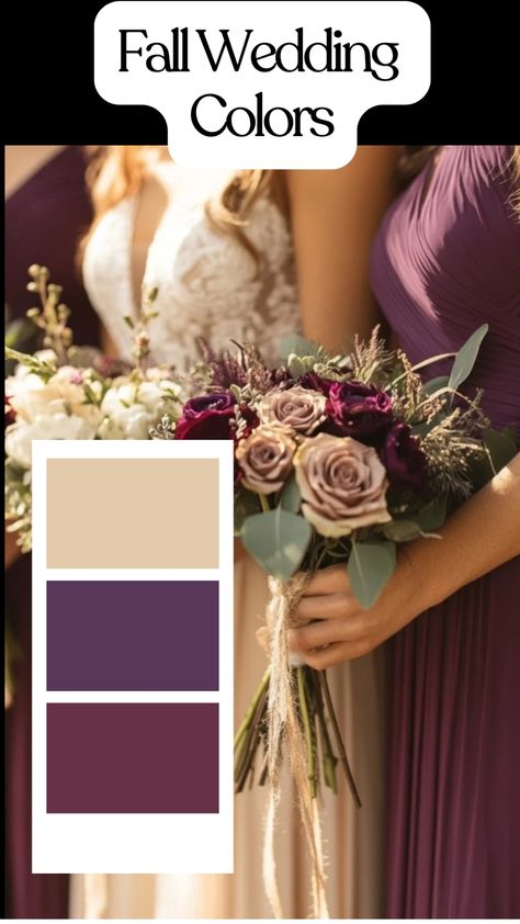 Plum purple and beige fall wedding decor with bridesmaid dresses, white flowers, and greenery. Dark Purple Bridesmaid Dresses Long Sleeve, Wedding Purple Color Schemes, Wedding Color Palette Purple, Plum And Orange Wedding, Plum Fall Wedding, Best Fall Wedding Colors, Purple And Orange Wedding, Plum Wedding Colors, Fall Wedding Colors Purple