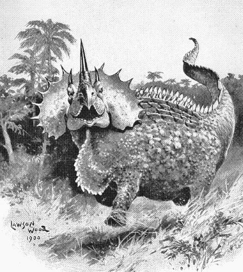 𝓥𝓲𝓷𝓽𝓪𝓰𝓮 𝓟𝓪𝓵𝓮𝓸𝓪𝓻𝓽 | Happy Friday! Here is a frolicking Agathaumas by Lawson Wood (1900). Very reminiscent of course of the famous 1897 rendition by paleoartist… | Instagram Vintage Paleoart, Facts Science, Prehistoric Dinosaurs, Dinosaur Drawing, Prehistoric World, Ancient Animals, Prehistoric Art, Knight Games, Paleo Art