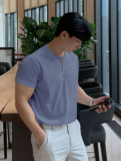 Dusty Blue Casual Collar Short Sleeve Knitted Fabric Plain  Embellished Non-Stretch  Men Clothing Ulzzang Boy, Style Summer, Asian Boys, Men Clothing, Boys T Shirts, Blue Shirt, Dusty Blue, Men Short Sleeve, Knitted Fabric