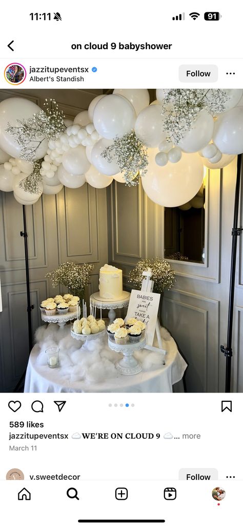 White Theme Engagement Party, Gender Reveal Ideas All White, Cloud 9 Dessert Table, Baby Shower White Theme, White Theme Baby Shower Ideas, Heaven Themed Party Decoration, Heaven Sent Gender Reveal, Gender Reveal White Theme, All White Gender Reveal