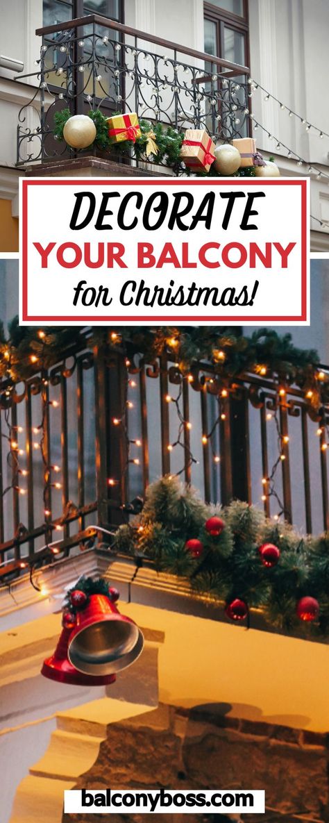 Decorate your balcony for Christmas with these easy ideas that work perfectly for small outdoor spaces. Learn what to consider when choosing decorations (such as storing your choices! Hint: collapsible items are great!), and get inspired with photos in this post. Click through for all the details! Christmas Lights For Apartment Balcony, Balcony Decor For Christmas, Balcony Ideas For Christmas, Christmas Garland Balcony, Holiday Deck Decorating Ideas, Christmas Decor Ideas Outdoor Porch Railing, How To Decorate A Deck For Christmas, Small Balcony Christmas Decorating Ideas, Christmas Decor Terrace