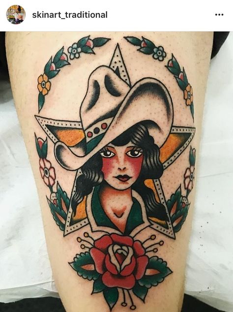 Traditional Cowgirl, Getting Tattooed, Cowgirl Tattoos, Cowboy Tattoos, American Traditional Tattoo Ideas, Traditional Tattoo Ideas, Native Tattoos, Wild Tattoo, Retro Tattoos