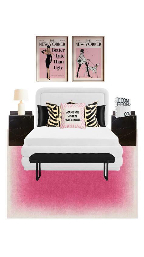 Black White Red Pink Bedroom, Vogue Room Decor, Pink Black And White Bedroom, Bedroom Fancy, Black And White Bedroom, Girl Apartment Decor, Apartment Deco, Girly Apartment Decor, College Dorm Room Decor